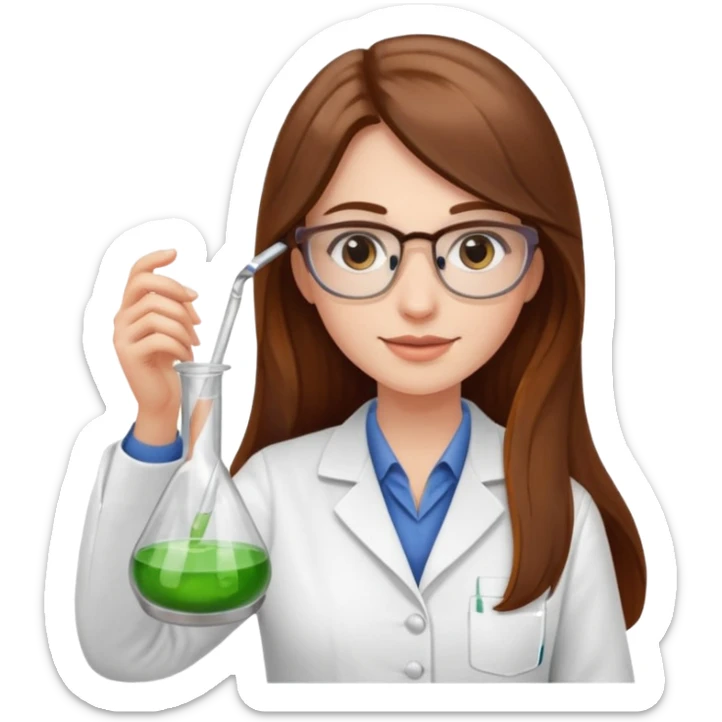 Crie emojis de uma mulher de cabelos longos castanhos farmacêutica mexendo com becker sticker