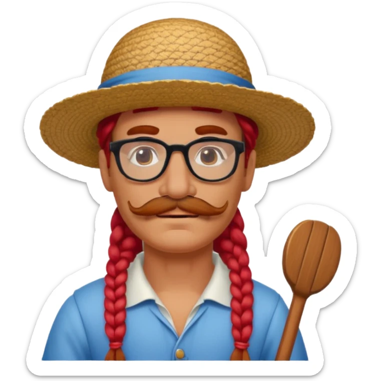 venice gondolier with long red braided hair, iconic hat, normal glassess and mustache sticker