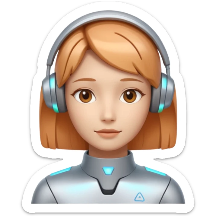 AI Support Agent holo-human-like Cyber AI face, warm, calm and friendly. Holographic look.Soft AI face with a listening, welcoming expression, minimal facial lines, calm eyes.  sticker