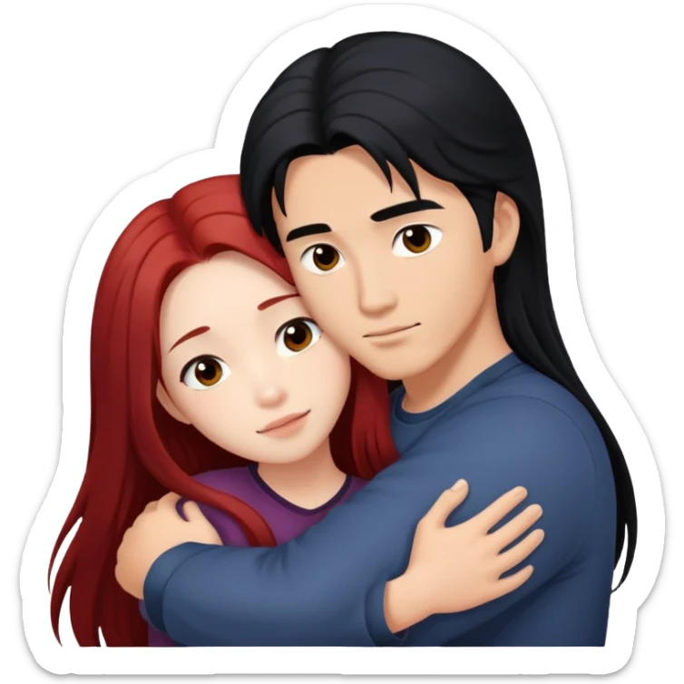 asian guy with long black hair hugging natural red haired girl sticker
