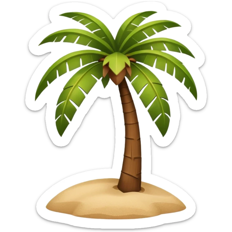 A 3D cartoon coconut palm tree with coconuts near the top and a sandy base, tropical light setting, Memoji-style realism. sticker