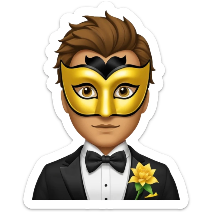 A man facing forward wearing a tuxedo with a yellow canary mask. The canary mask is in the style of a Venetian carnival mask. sticker