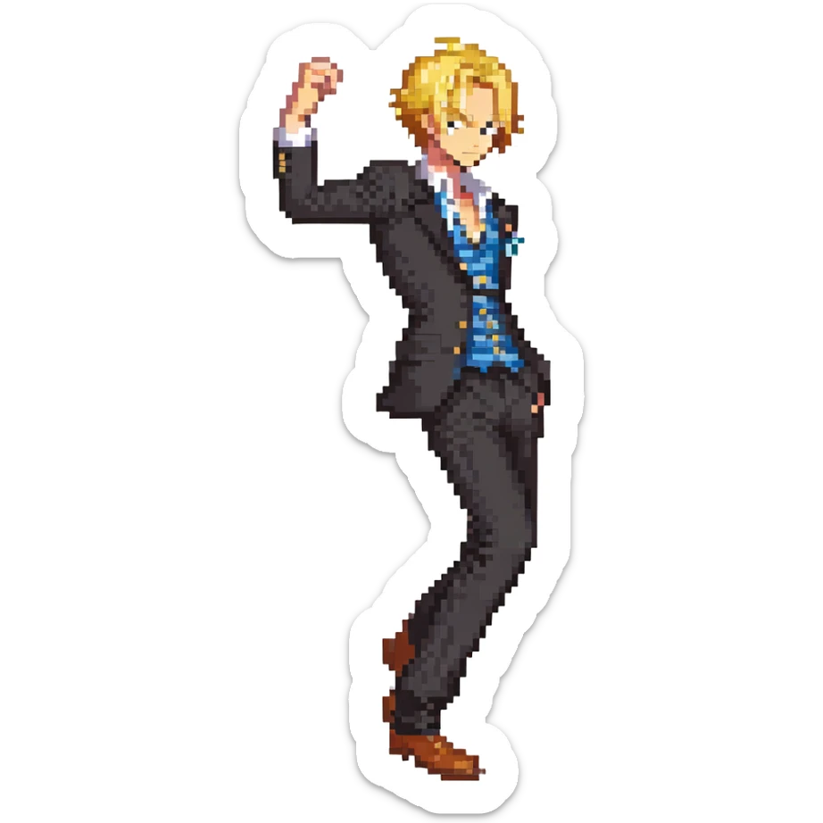 Sanji from One Piece, pixel art style, curly eyebrow, blond hair, black suit, side view, kicking pose sticker