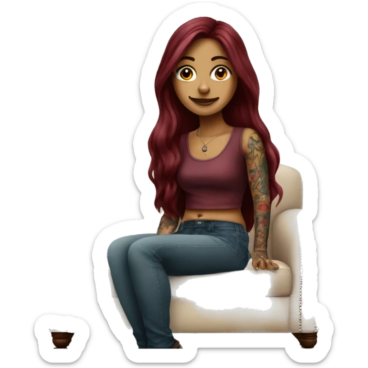Beautiful tattooed burgundy long haired woman sitting on couch sticker