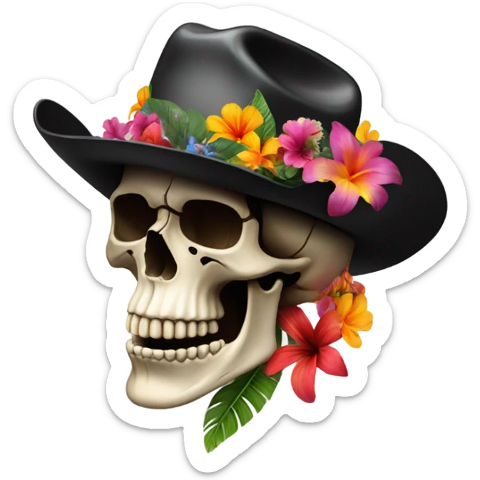 Realistic side view of a skull in a black cowboy hat on decorated with tropical flowers. sticker