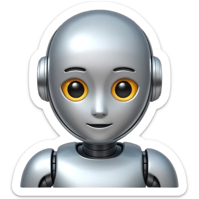 A cute futuristic robot emoji made of silver chrome, rounded friendly body, minimal facial features, glossy metallic surface, soft reflections, iOS emoji style, centered, clean white background sticker