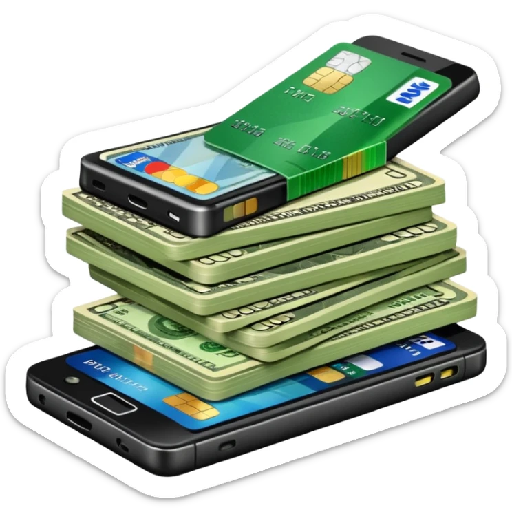 efectivo en dólares, un teléfono y unas tarjetas, todo con un estilo limpio, profesional y que transmita dinero y movimiento. sticker