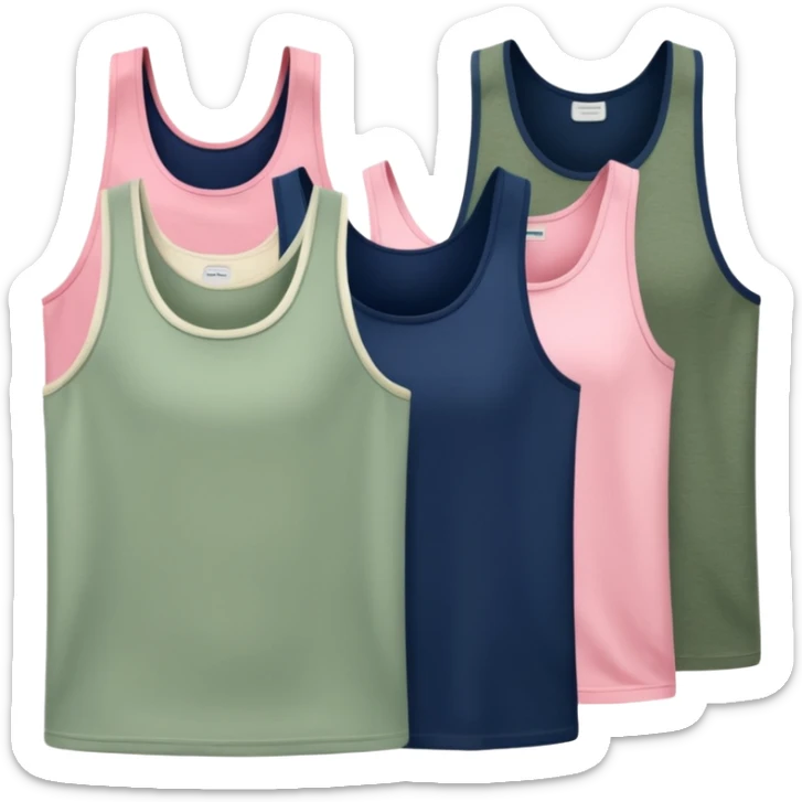 Multiple tank tops, one cream one cream one sage green one navy blue one pink sticker