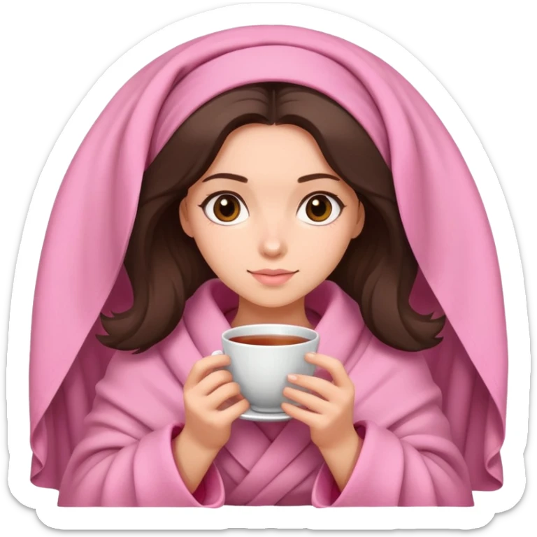 brunette girl hair wrapped in pink blanket holding tea with both hands sticker