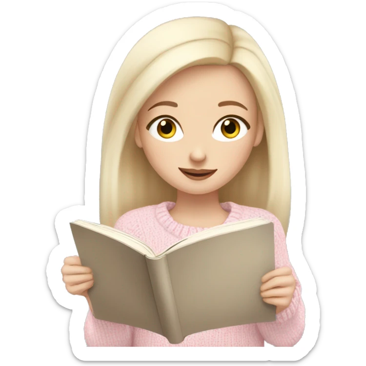 Pretty blue eyed white girl with light pink sweater reading cozy sticker