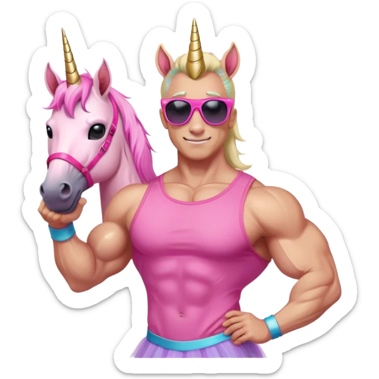friendly anthropomorphised masculine unicorn with horse-like face, muscular bodybuilder build, in tutu and pink t-shirt, wearing dark sunglasses, relaxed pose, close-crop head and shoulders portrait sticker