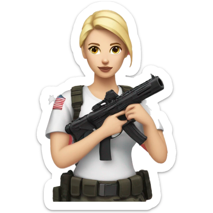 White Female with American flag shirt hold airsoft gun sticker