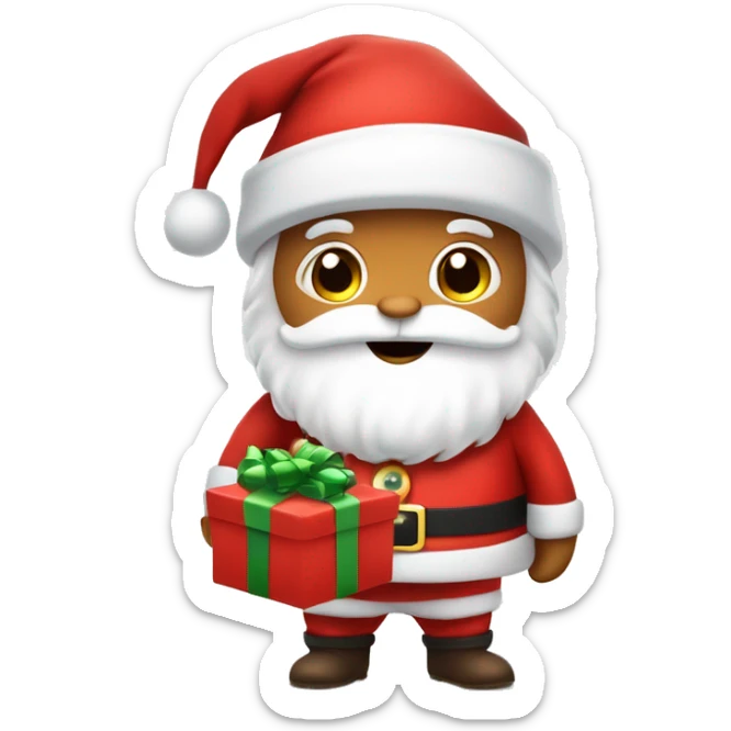 “An adorable full-body Santa in a red suit, fluffy white beard, rosy cheeks, big eyes, and a red hat with a white pom-pom, holding a small gift.” sticker