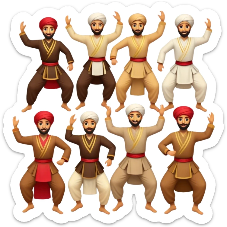 Cinematic Realistic Dabke Dance Emoji, depicted as an energetic traditional Lebanese folk dance with vibrant costumes and rhythmic movements, rendered with dynamic textures and festive natural lighting that captures its communal joy. sticker