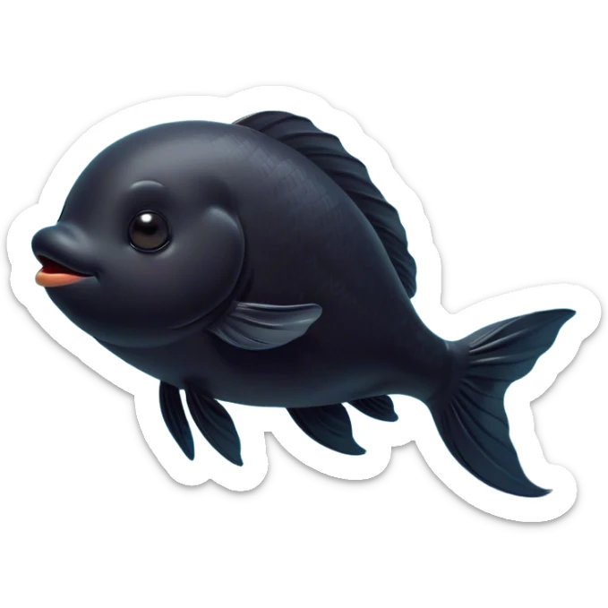 Meme-Worthy Cute Sleeping Black Goldfish Portrait Emoji, Head resting peacefully with a contented smile, showcasing a streamlined, graceful body and a luxuriously soft deep black hue, eyes closed in a serene, floating nap, Simplified yet hilariously adorable features, highly detailed, glowing with a soft, drowsy light, high shine, relaxed and utterly lovable, stylized with an air of playful laziness, bright and heartwarming, soft glowing outline, capturing the essence of a comically sleepy goldfish, so meme-worthy it feels like it could instantly become the next viral sensation of adorable slumber! sticker
