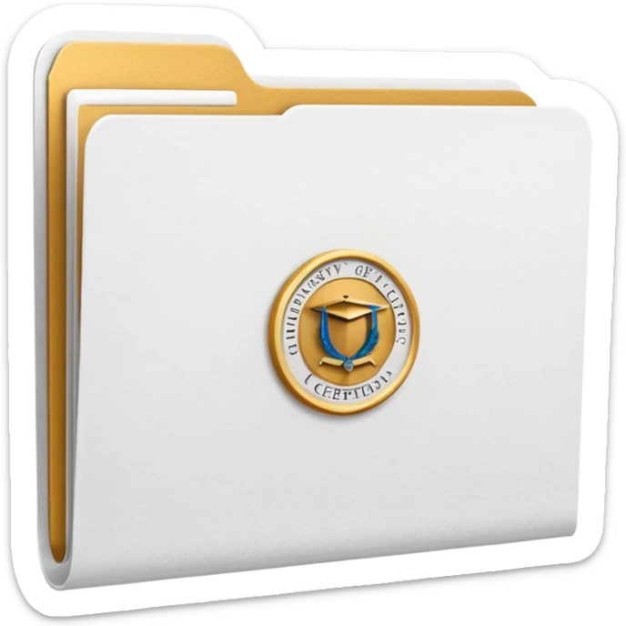 A simple emoji-style icon of a white textured paper folder, clean and formal, with sharp edges, minimal shading, and an embossed university degree/certification seal on the front, conveying academic achievement and official records. white white white  sticker
