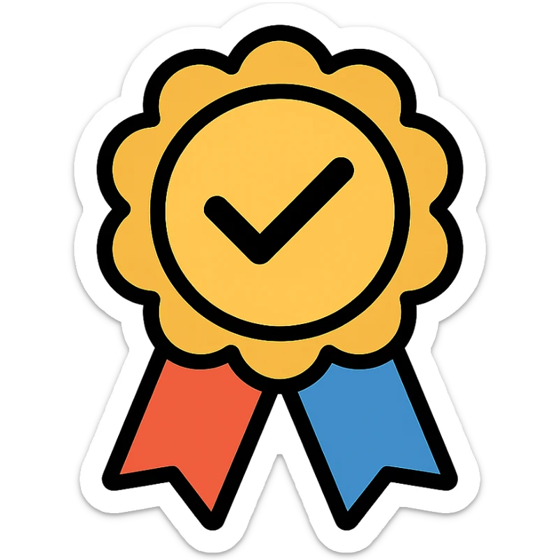 vector icon of a must have with gold and colorful elements, elegant and minimalist flat design, isolated on white background, award badge style, 2D flat vector, trending icon look, soft shadows, no text, perfect for commercial use sticker