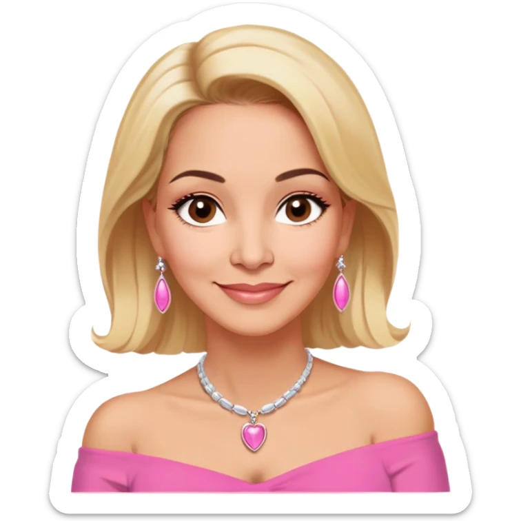 Puerto Rican actress Linette Torres in her 50s with warm light skin, sweet loving expression, gentle kind eyes, well-defined eyebrows, straight nose, warm smile, shoulder-length blonde hair, wearing a pink off-shoulder strapless top and a necklace sticker