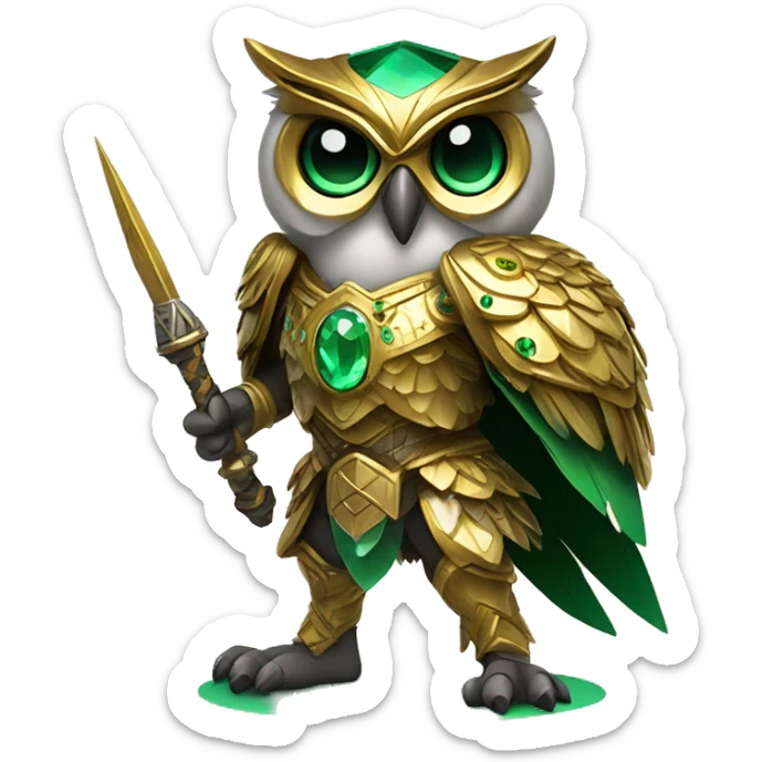 Gamer owl warrior wearing golden armor embedded with small emerald jewels, holding a staff sticker