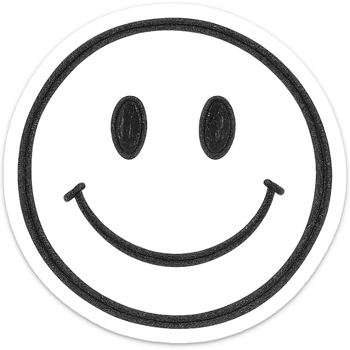 hand drawn outlined icon of a white smiley face with black details, no fill sticker