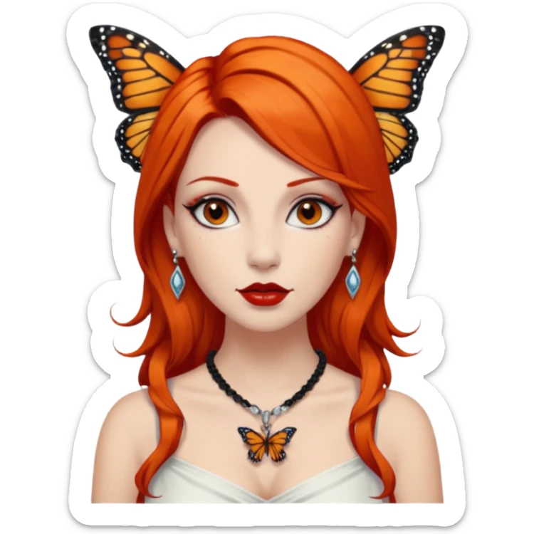 A white siren with dark orange hair, red lips, dark black eyes, nice eyelashes, bunch of ear piercings, a necklace and only one Monarch butterfly on her shoulder sticker