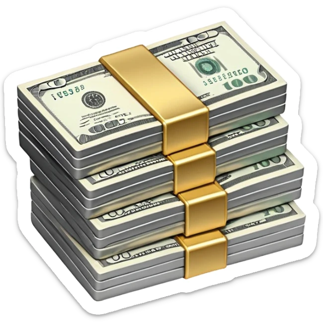 Metallic black-and-white money pack emoji, simple geometric stack of bills,minimal style
 sticker