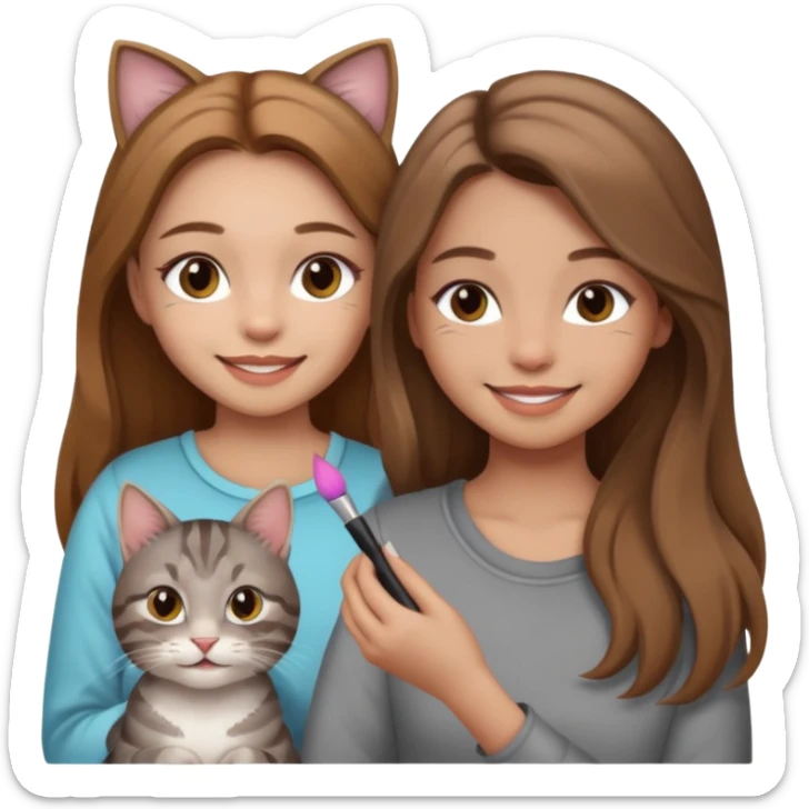 A image of a girl with light long brown hair doing her makeup with her grey tabby cat. She is smiling sticker