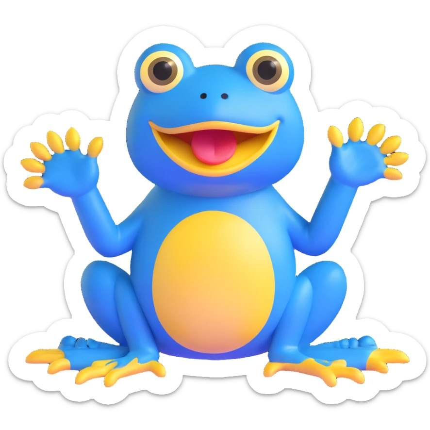 blue frog character, sitting, big yellow mouth, wide eyes, playful and friendly, silly and sweet expression, no accessories sticker