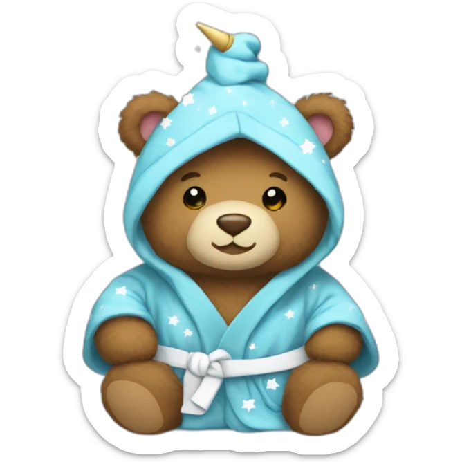 A brown teddy bear wearing a unicorn hooded blue bathrobe with white stars sticker
