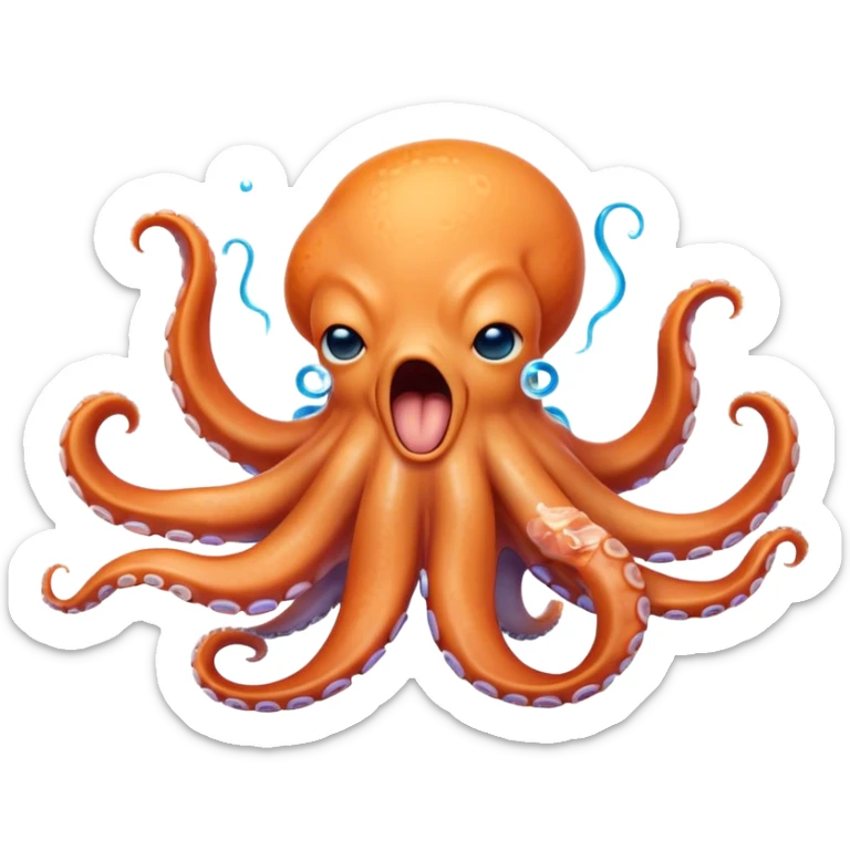 Cinematic Cute Yawning Octopus Portrait Emoji, Head tilted slightly with a dramatic, wide-open yawn, showcasing a plump, light orange body decorated with delicate blue rings and loosely draped arms with sleepy, half-closed eyes, Simplified yet irresistibly adorable features, highly detailed, glowing with a soft, cozy underwater glow, high shine, relaxed yet expressive, stylized with a hint of whimsical aquatic charm, soft glowing outline, capturing the essence of a drowsy yet affectionate octopus that appears ready to stretch and yawn its way out of the screen! sticker