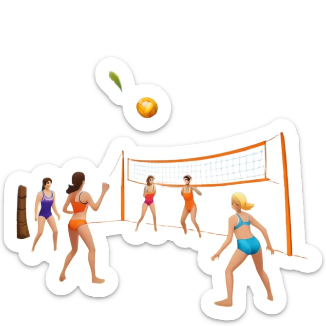 The scene captures a sunny sea beach atmosphere with clear blue sea and sky, palm trees swaying, and people in swimsuits enjoying the vibrant surroundings. A volleyball resting on the orange sand ground of a beach, with a volleyball net in the background.  sticker