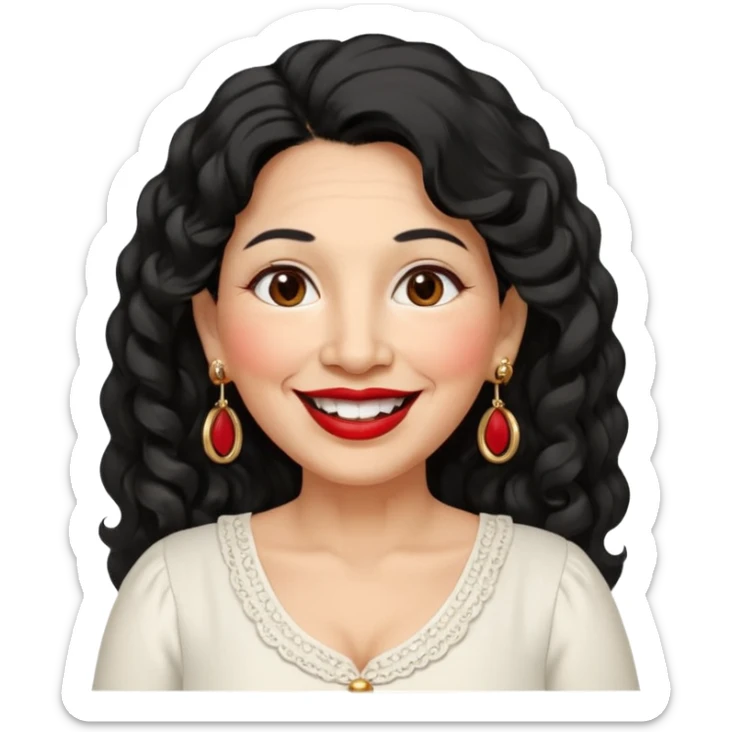 60 yr old peruvian woman, slightly chubby, wavy/curly long black hair, red lipstick, big smile, white teeth, brown eyes, hoop earings, side part to hair, round face, pretty white dress, hair side swept, big hoop earing sticker