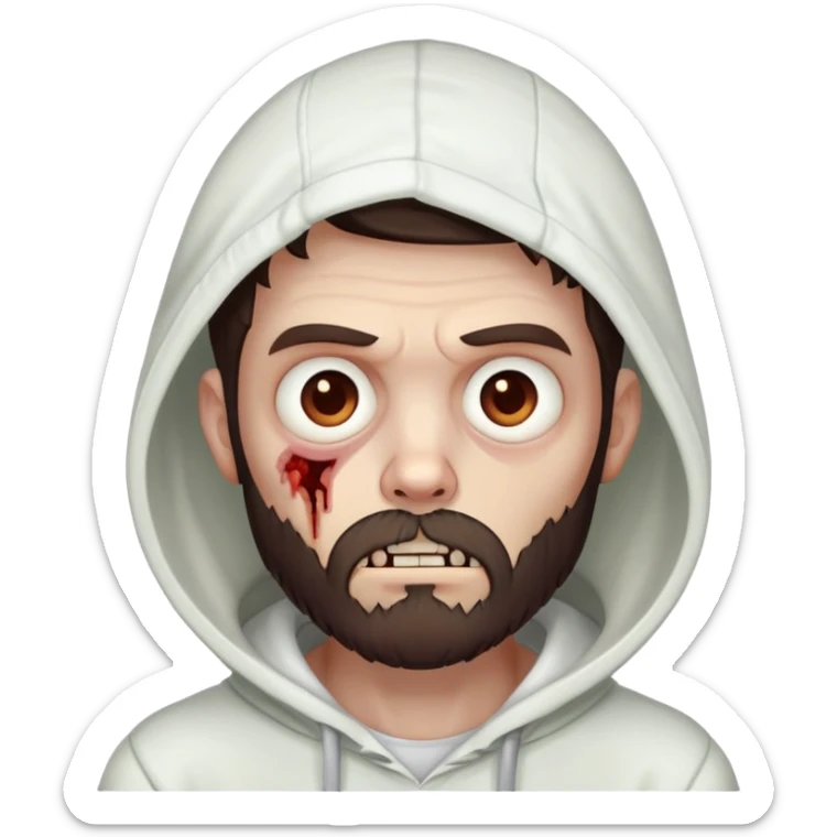 thinking zombie wearing white hoodie, with dark brown hair and short full beard sticker