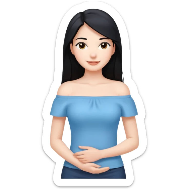 cewe ramah Kulit putih bersih, rambut hitam panjang sleek lurus. Pakai atasan biru muda off the shoulder . Pose tangan di pinggang, tatapan senyum percaya diri. sticker