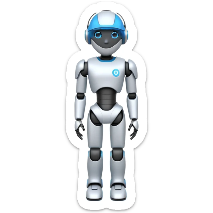 A 3D emoji-style humanoid robot with a white and gray body, black joints, and a glowing blue neon visor instead of a face. Futuristic and sleek design, simplified details for clarity at small emoji size, standing upright like a human sticker