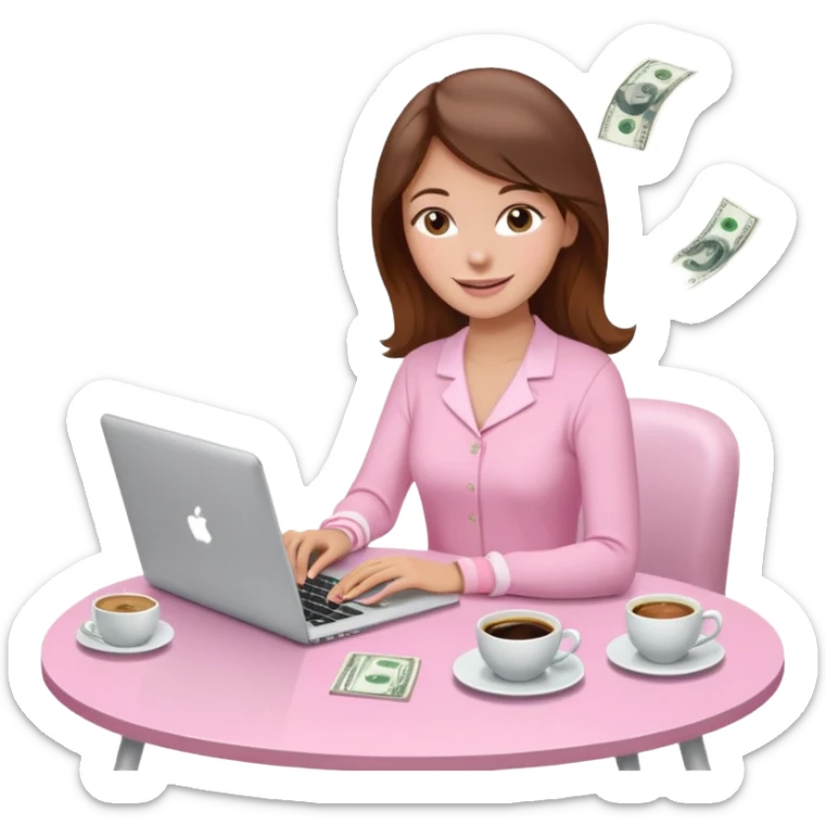  woman character with laptop and coffee relax table, dollars are floating, colorful pastel pink outfit, white laptop, brownn hair, fair skin,  sticker