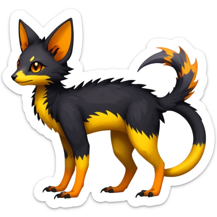 Rare realistic exotic edgy dark gothic gloomy spooky black and orange/yellow epic pretty beautiful handsome gorgeous aesthetic colorful vibrant Vernid-Trico-species-Fakemon-creature by LiLaiRa, 4 legs, 1 tail, random markings, (full body) sticker