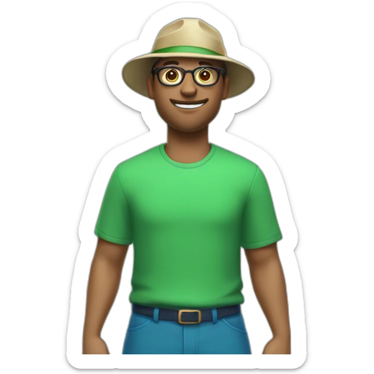 make a guy with cyan hat and green shirt and blue pants that is point to a sign that has "far club" and he has glasses sticker