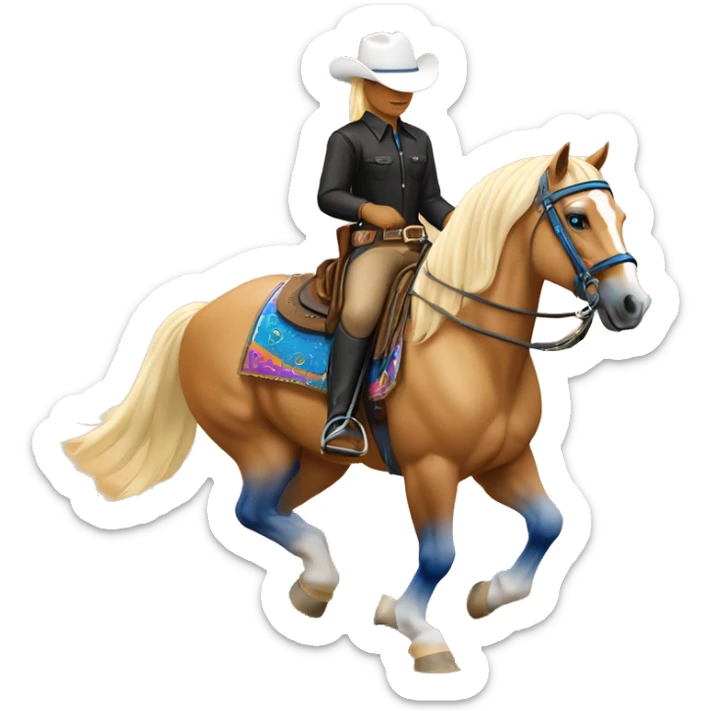 A palomino horse with a white blaze over its left eye , blue leg guards, and a western saddle with a colorful pad, ridden by a rider in a black blouse, white hat and beige chaps, making sliding stops with lots of sand.  sticker
