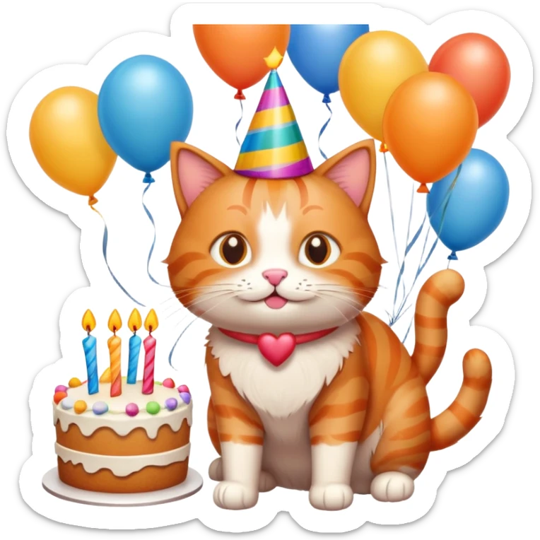 Ginger cat celebrates birthday, birthday hat, birthday cake, balloons, happy sticker