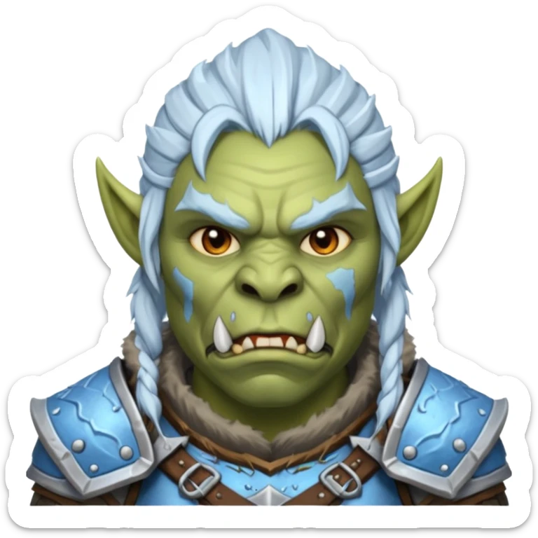 Fantasy Christmas orc portrait icon, frost clan warrior style, winter fur armor, icy details, strong brutal face, snowy battlefield mood, clean emoji style, male/female variant sticker