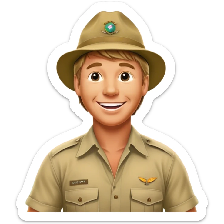 Cinematic Realistic Steve Irwin Portrait Emoji, depicted as a passionate wildlife expert in his signature khaki attire with an enthusiastic smile and a backdrop of the Australian outback, rendered with vibrant textures and dynamic natural lighting that captures his adventurous spirit. sticker