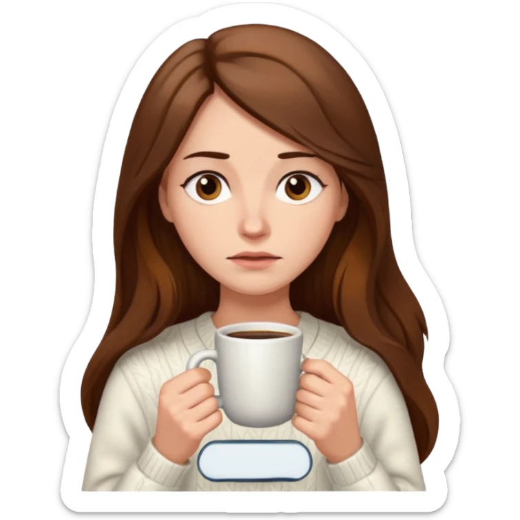 create a woman long hair brown, holding her cup of coffee looking exausted  sticker