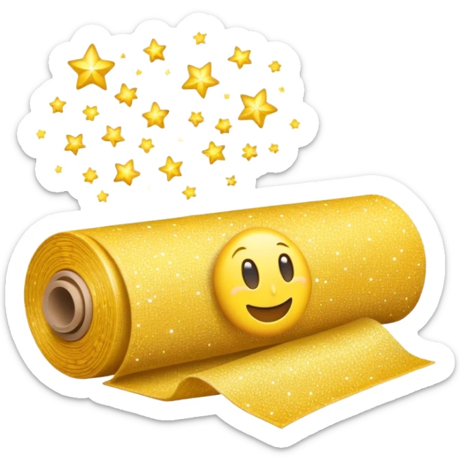 simple composition of a sparkle emoji in foreground with only a roll of patterned fabric behind it, nothing else sticker