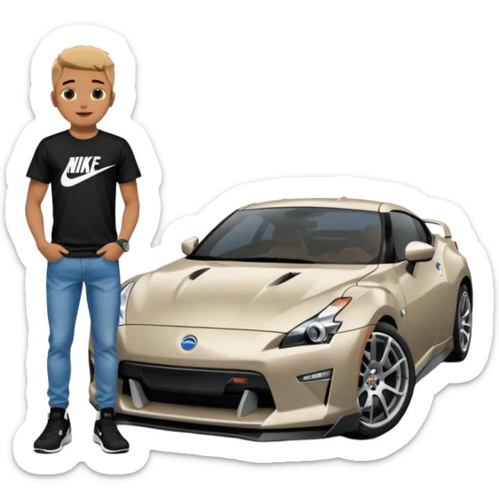 Grunge-style analog photo, London 2025, person inspired by the new reference image in model pose in front of a Nissan GT 86, black t-shirt, jeans, Nike Air Jordan low, using flash, analog grain, city night, 1/8. sticker