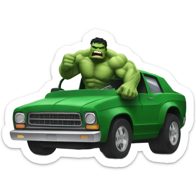 Vengeful hulk smashing a car and damaging it in the style of marvel sticker