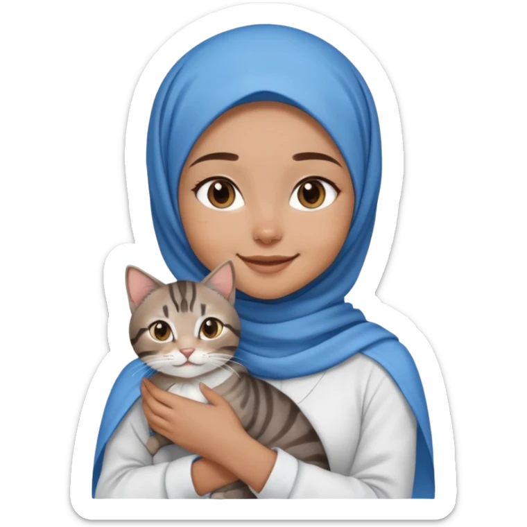 Girl wearing blue hijab with white shirt smiling while holding a black brown grey tabby cat sticker
