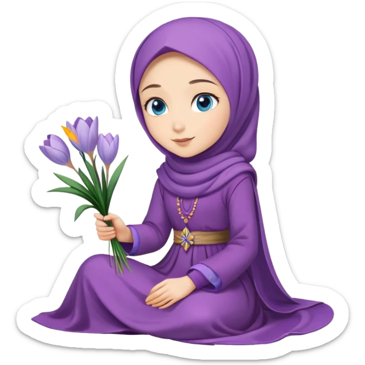 Turkish beautiful finish Konya girl blue eyes with crocus flower hijab long tail dress on the floor and hold crocus flower on hand  sticker