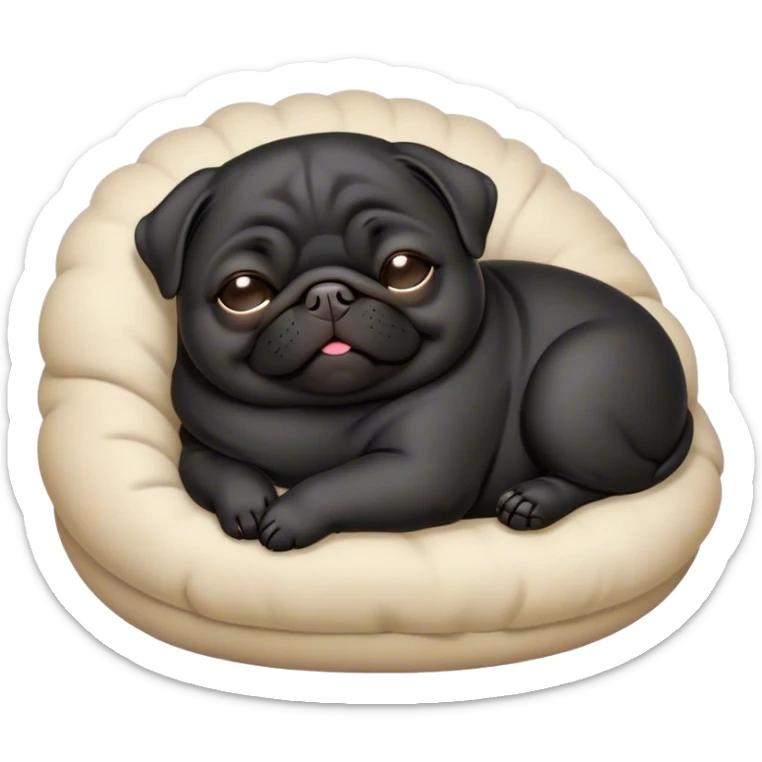 Cinematic Meme-Worthy Chubby Sleeping Black Pug Portrait Emoji, Head resting peacefully with a contented smile, showcasing a delightfully chubby build and a luxuriously soft black coat, eyes shut in a serene nap, Simplified yet hilariously adorable features, highly detailed, glowing with a soft, drowsy light, high shine, relaxed and utterly lovable, stylized with an air of playful laziness, bright and heartwarming, soft glowing outline, capturing the essence of a comically sleepy companion, so meme-worthy it feels like it could instantly become the next viral sensation of adorable slumber! sticker