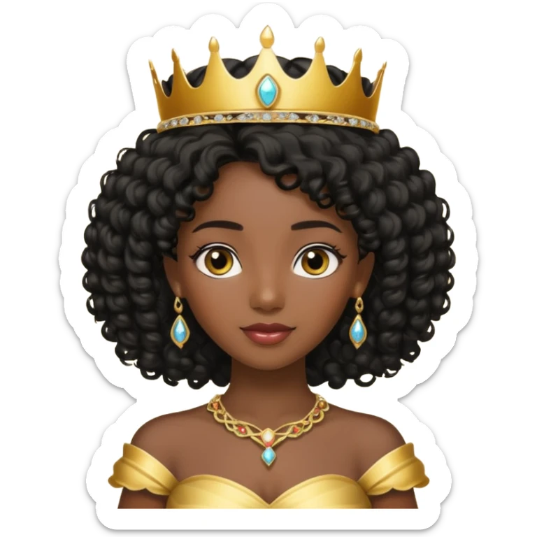 balck princess with black curly hair and a golden tiara sticker